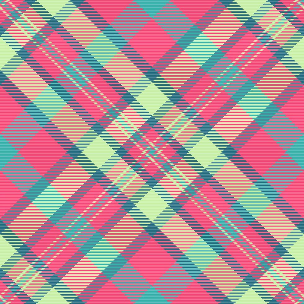 Vibrant tartan pattern with pink, green, and blue intersecting lines. Classic textile design for fashion, backgrounds, or festive projects needing a cozy texture. vector