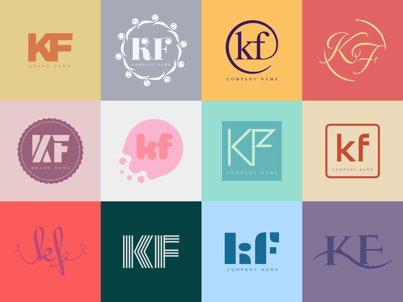 KF logo template. Letter k and f logotype. Set different classic serif lettering and modern bold text with design elements. Initial font typography. vector