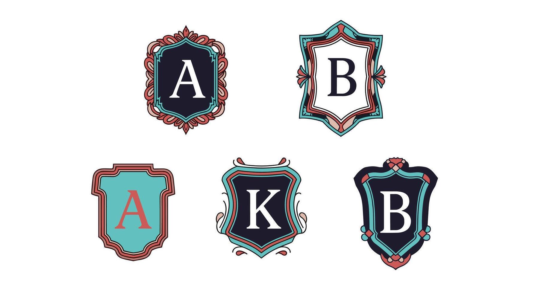 Decorative shields with ornate borders and single letters A B K inside. vector