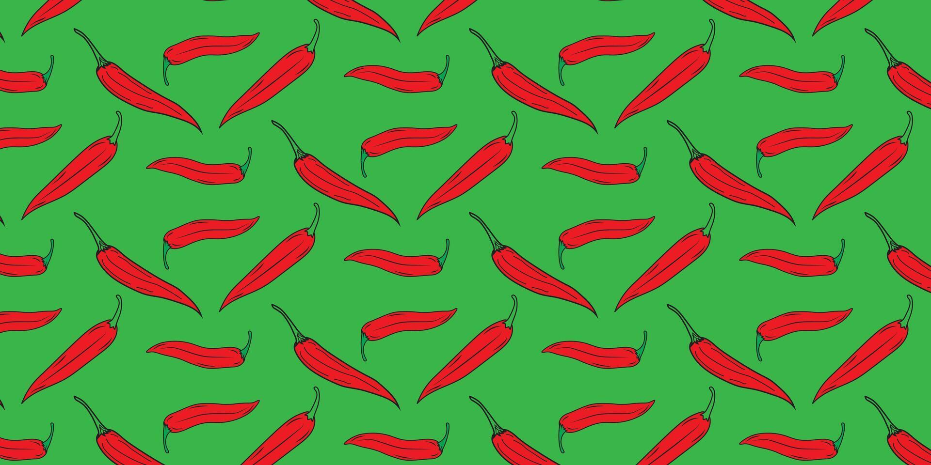 Vibrant green backdrop adorned with a lively, hand-drawn seamless pattern of fiery red chili peppers, perfect for culinary themes or bold graphic designs, adding a spicy and decorative touch vector