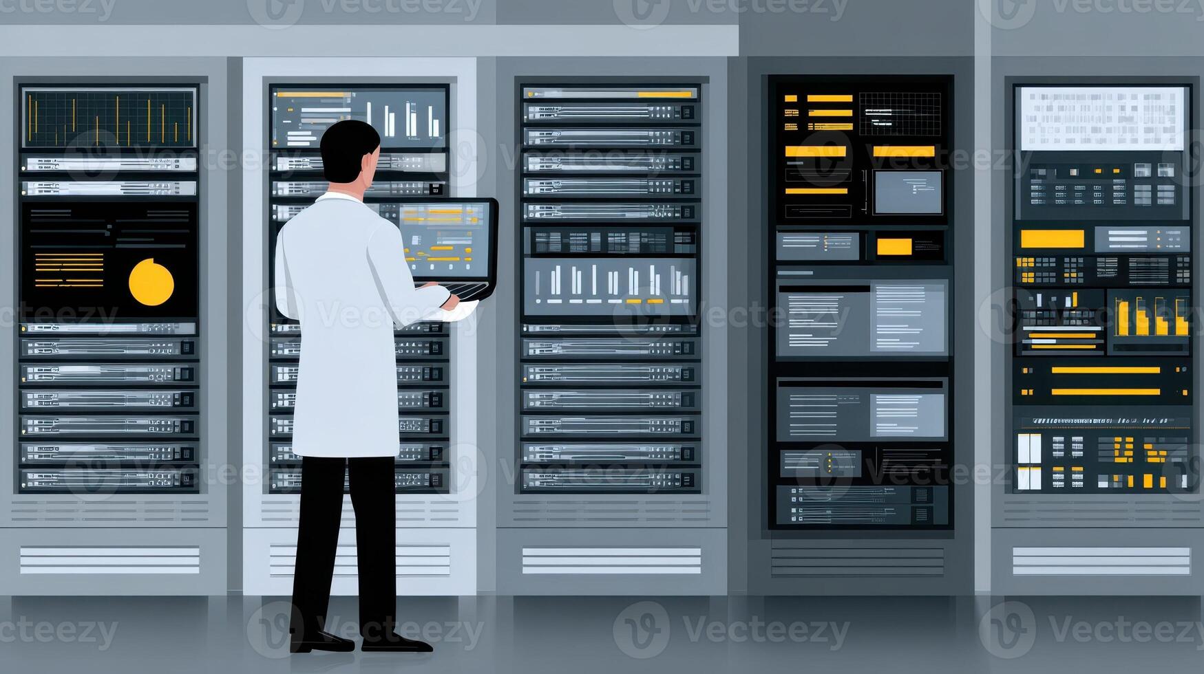Technician analyzing digital data on a tablet near servers with colorful charts and graphs, wearing a white coat. Server racks display various analytics and graphs photo