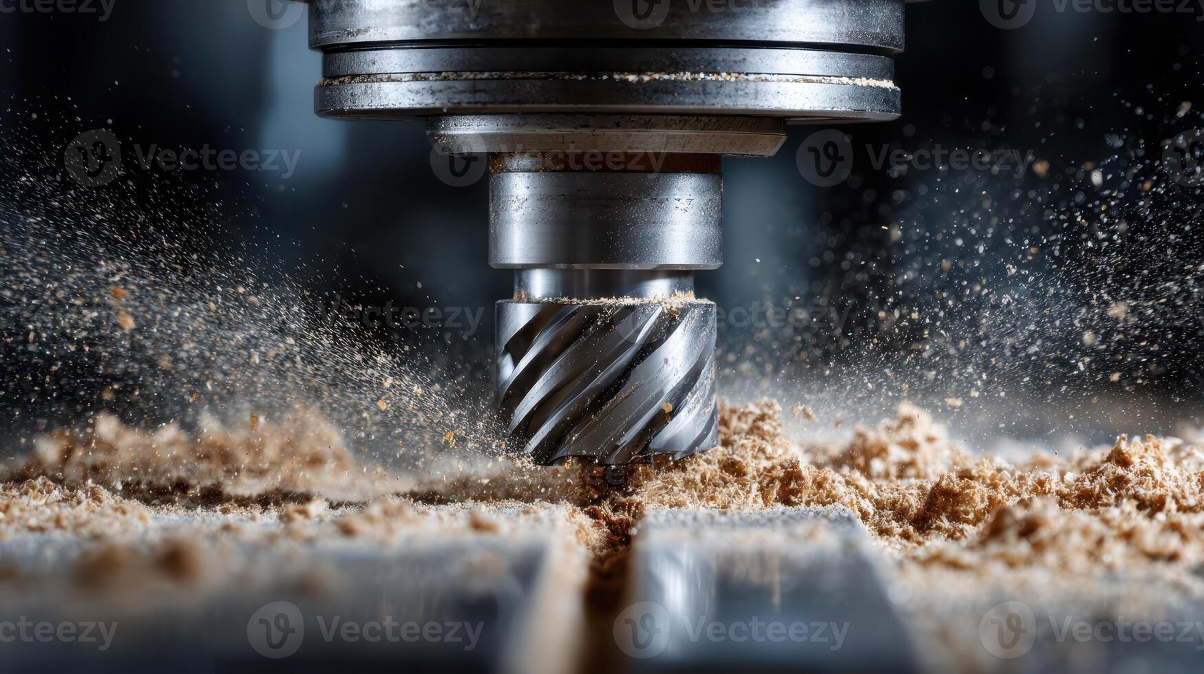 A metal CNC milling machine cuts through wood, creating a dynamic burst of sawdust. The intricate, helical motion of the tool contrasts with the fine, scattered wood particles photo