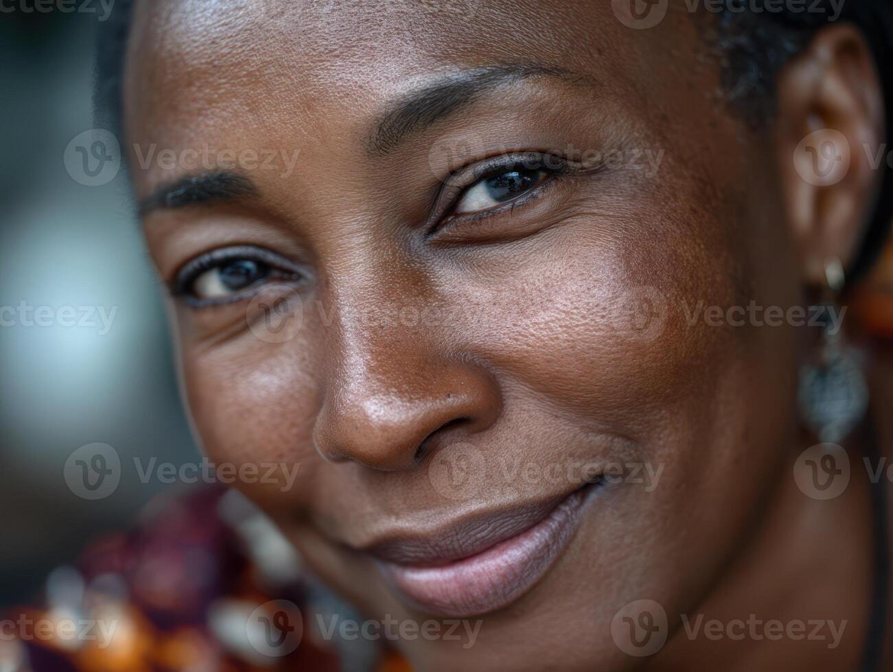 Smiling person with short hair and warm complexion, adorned with earrings. Their expression conveys warmth and confidence. Clothing features colorful patterns with circular shades photo