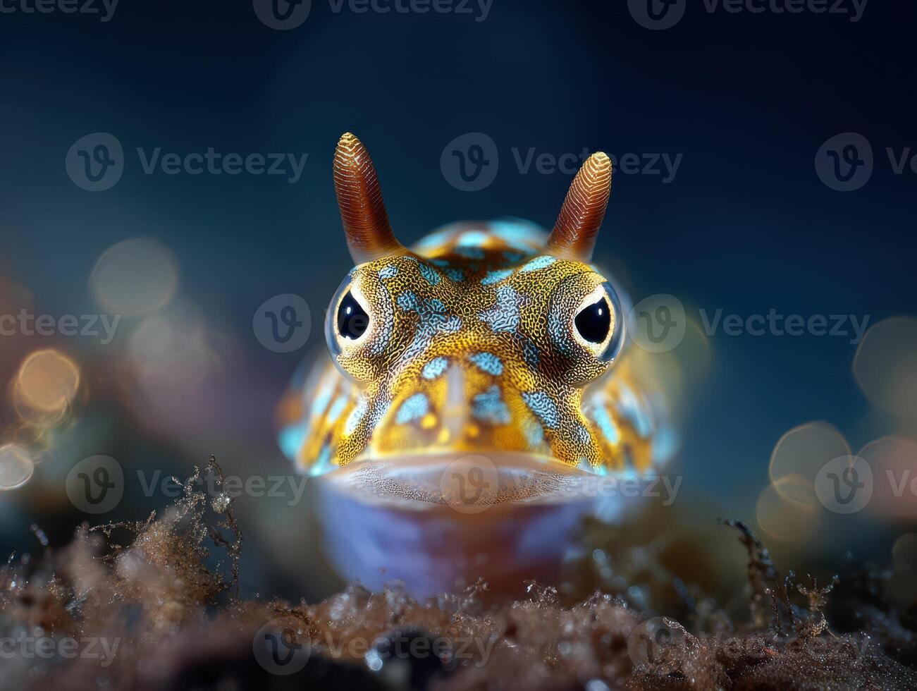 Colorful marine creature with striking eyes and intricate patterns on its body, emerging from the underwater seabed. The composition highlights its vivid colors against a soft-focus background photo