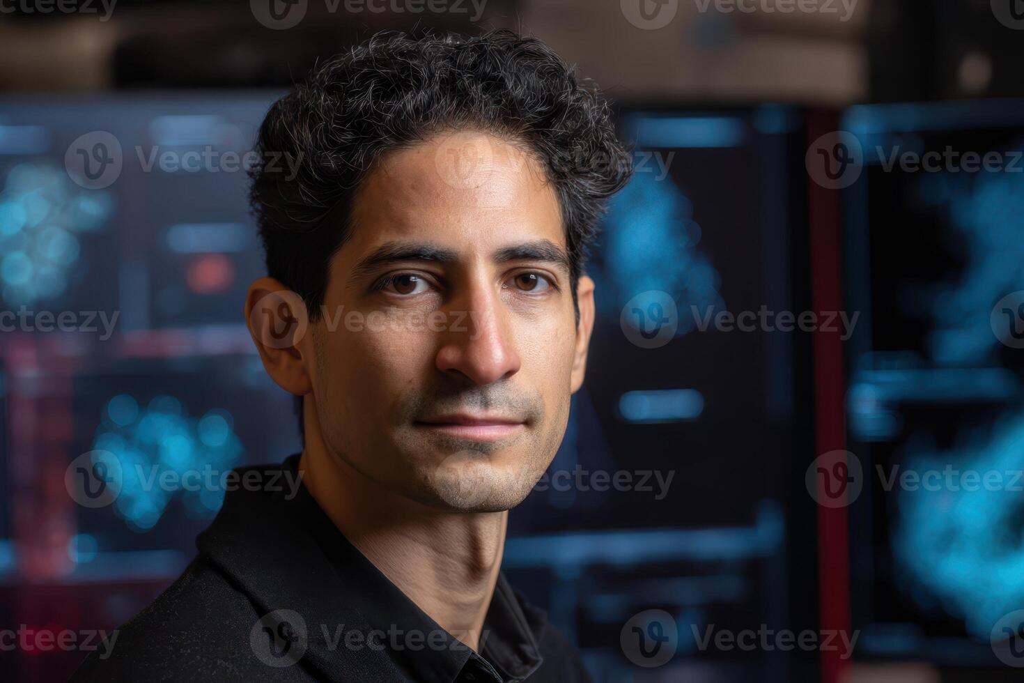 A man with dark hair is looking into the camera with a serious expression, standing in front of multiple computer screens displaying complex data and blue diagrams photo