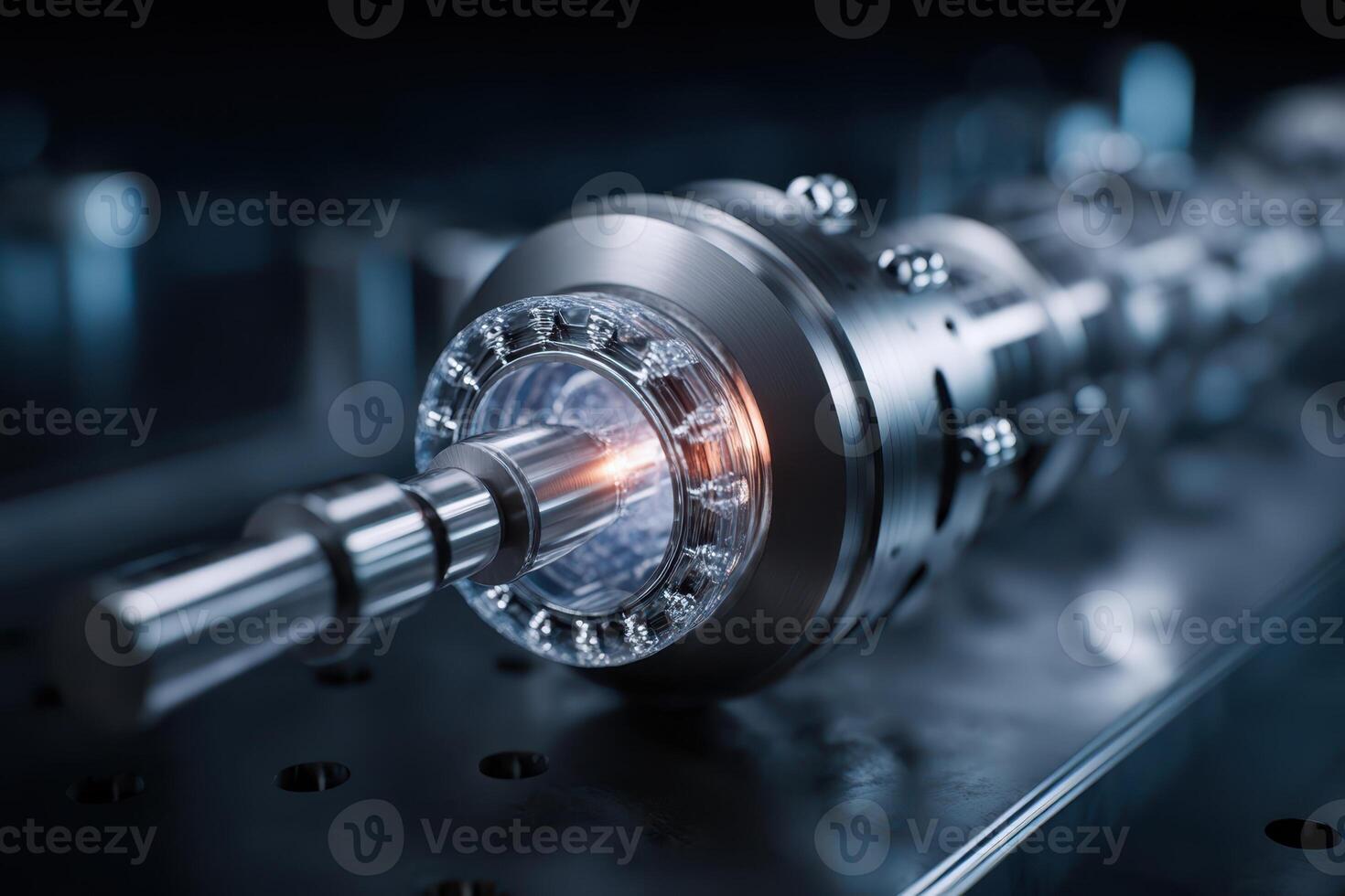 A futuristic, metallic cylindrical device with intricate details and glowing elements is featured, capturing a sense of advanced engineering and technology, set against a blurred background photo
