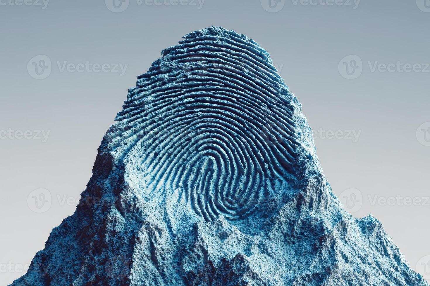 Fingerprint pattern sculpted on a rocky mountain resembling a textured terrain under a clear sky, exhibiting intricate grooves and ridges, creating an unusual and artistic visual effect photo