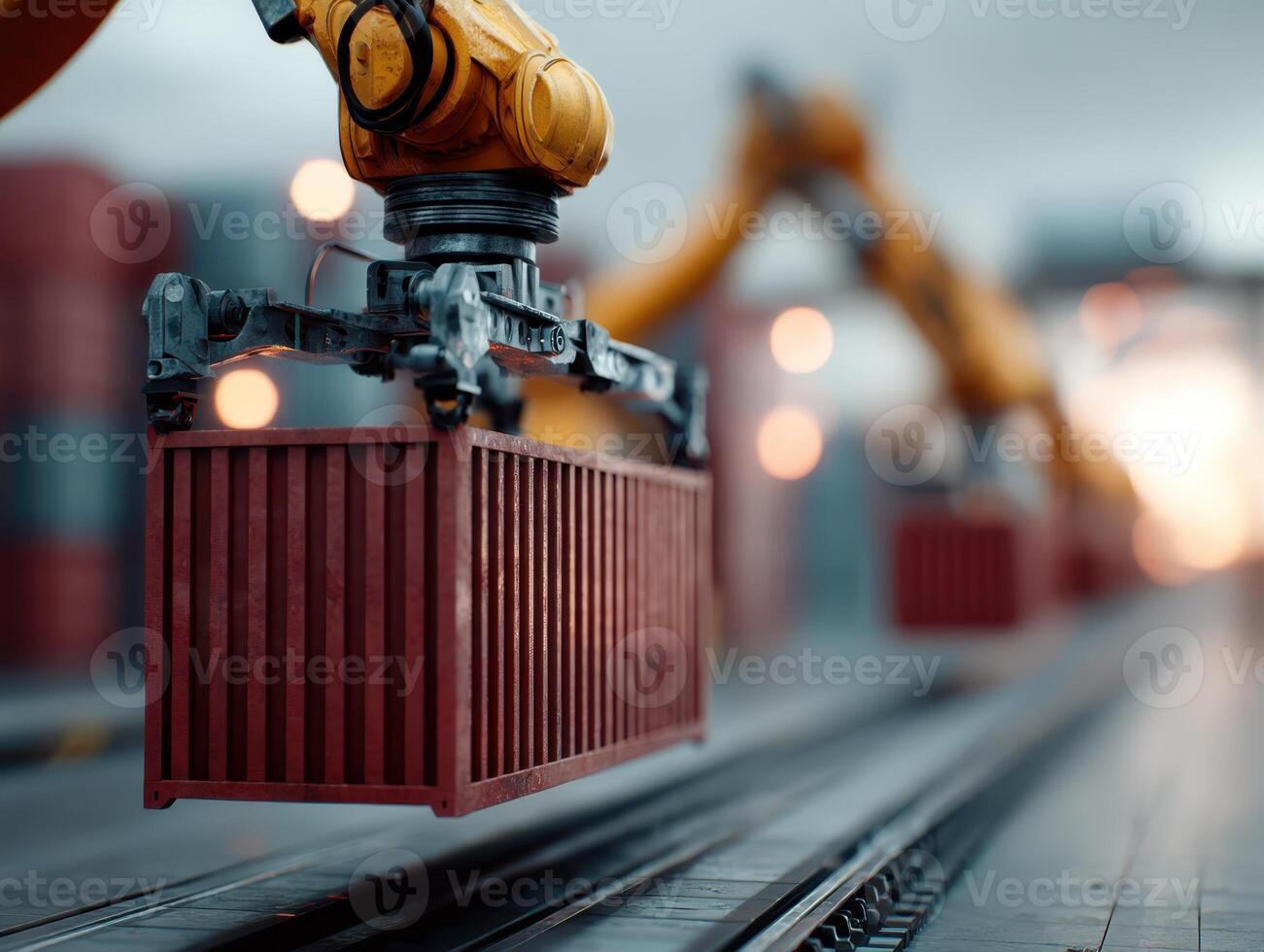 Robotic arm lifting a red container on an industrial site, blurred background with bokeh lights. Focuses on automation and technology in logistics, emphasizing precision machinery photo