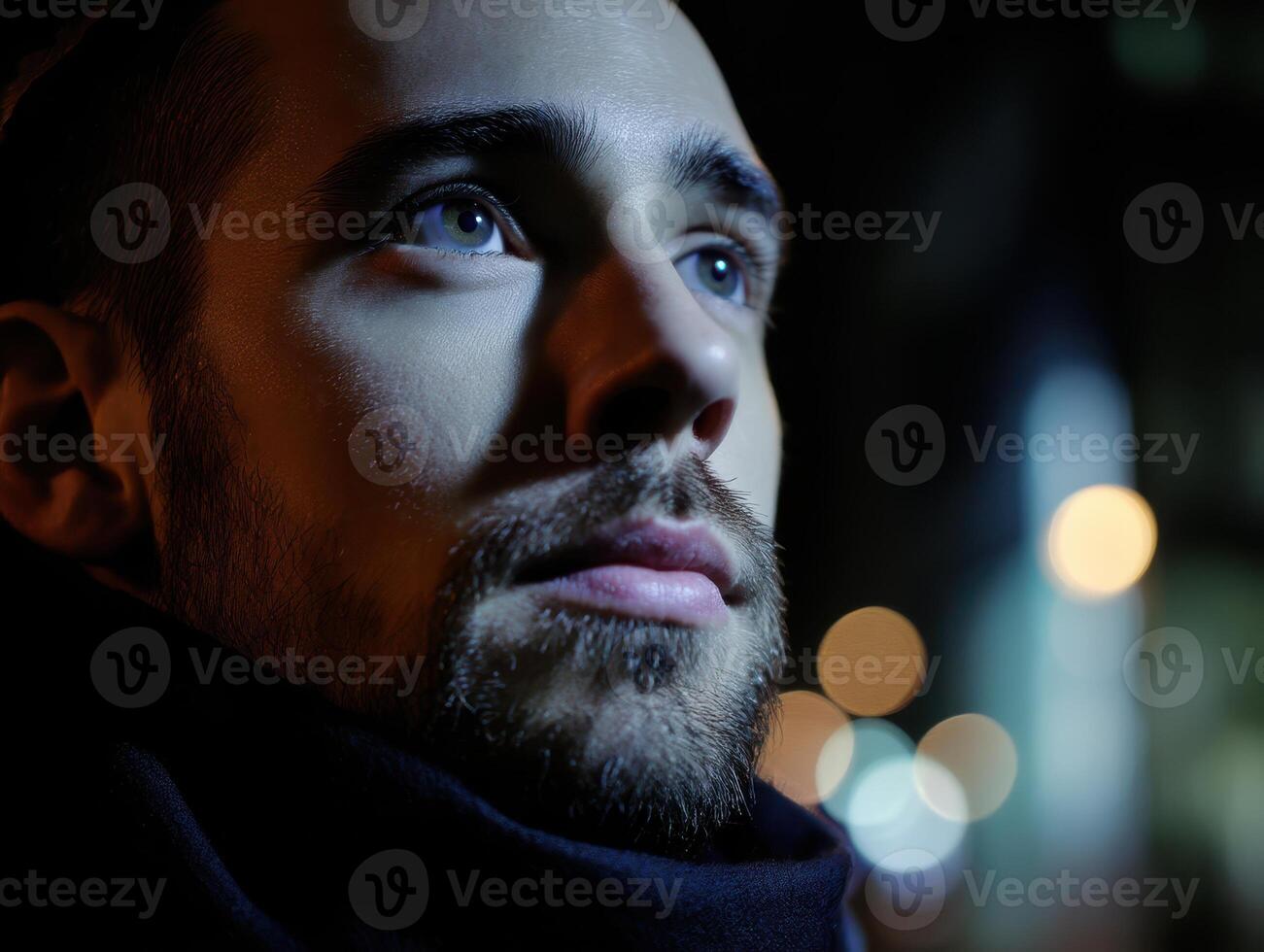 A man with a beard looks upwards, illuminated by soft light in a night setting. Bokeh lights form a blurred background, enhancing the contemplative mood with their warm glow photo