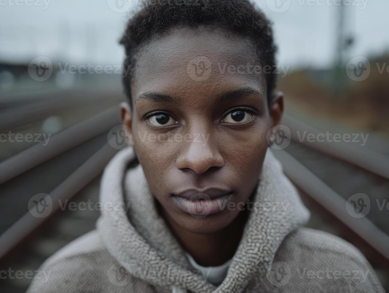 Portrait of a person in a neutral expression wearing a textured hoodie, standing on railway tracks on a cloudy day, with blurred background creating a depth-of-field effect photo