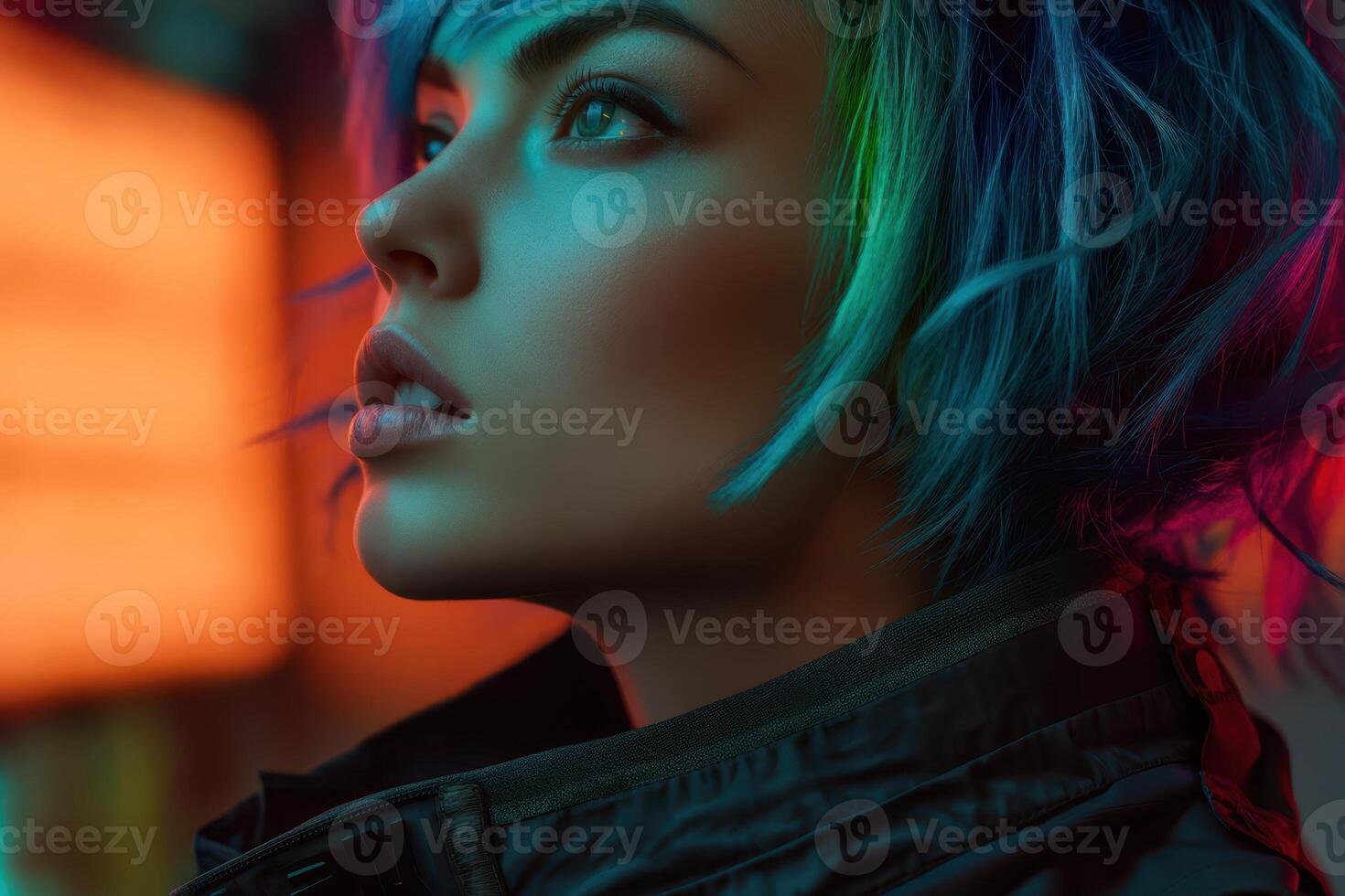 A person with vibrant multi-colored hair gazes upwards, illuminated by soft, warm light. A jacket with a high collar enhances the edgy look, while the background glows warmly in soft focus photo