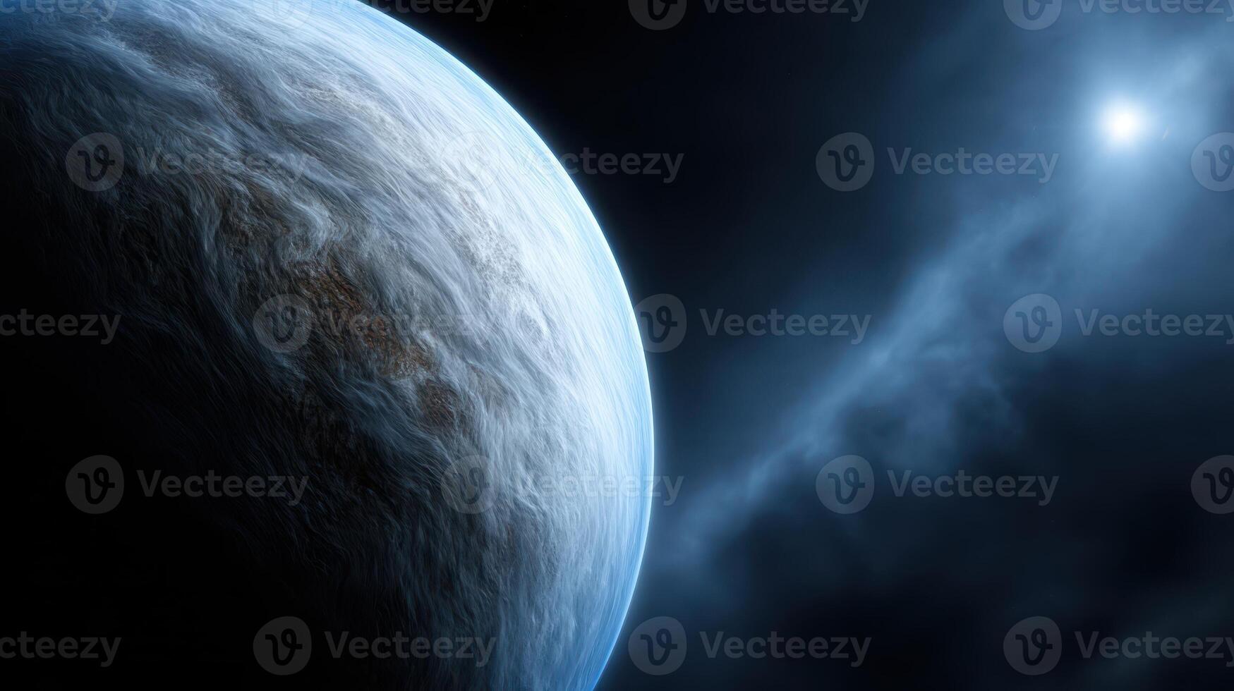 A celestial body with swirling clouds and a vibrant atmosphere in space, positioned against a dark backdrop, illuminated by a distant bright star emitting light and rays in the distance photo
