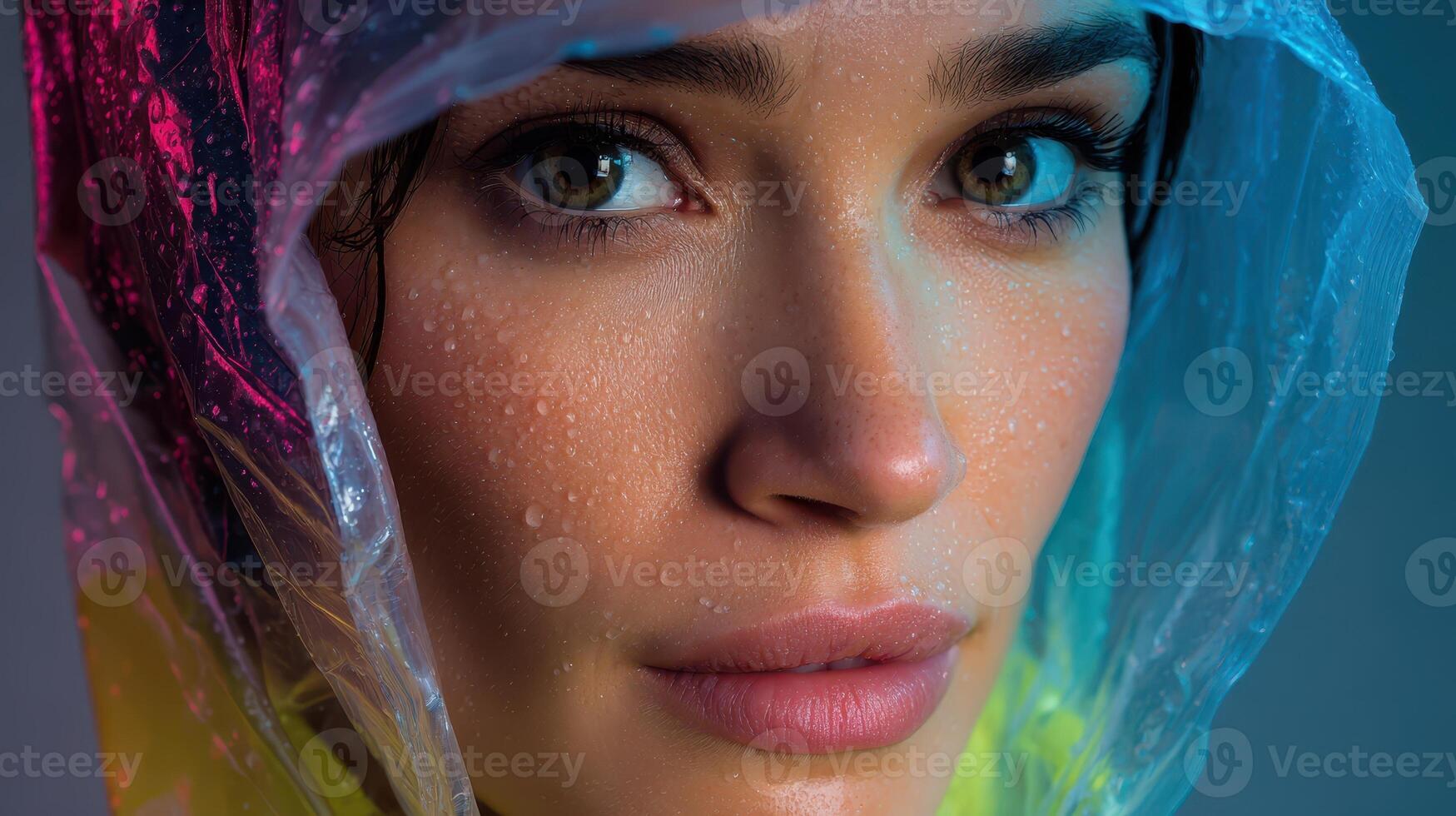 Close-up of a person with light eyes, wearing a translucent raincoat. Droplets of water are visible on their face, adding a refreshing look. Soft colored lighting highlights features photo