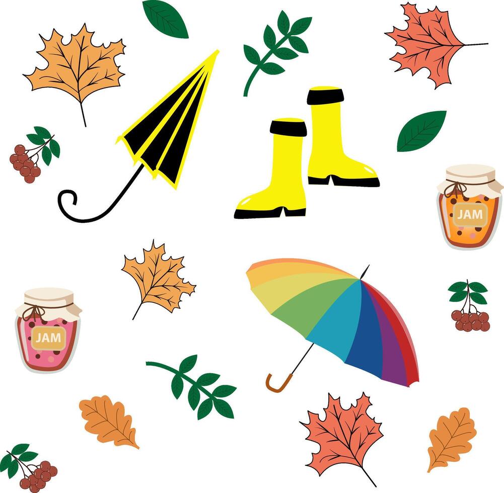 A set of items that include an umbrella, a jar of jam, a jar of jelly, vector