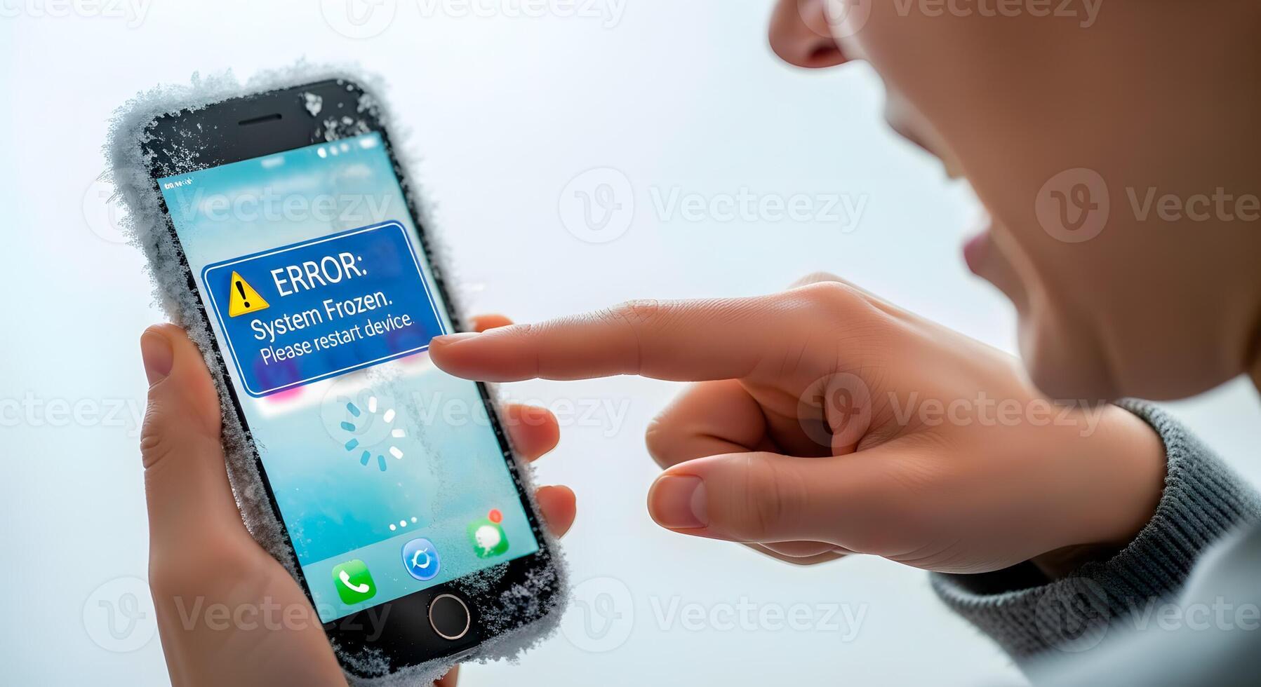 Smartphone with frozen screen and error message, system failure concept photo