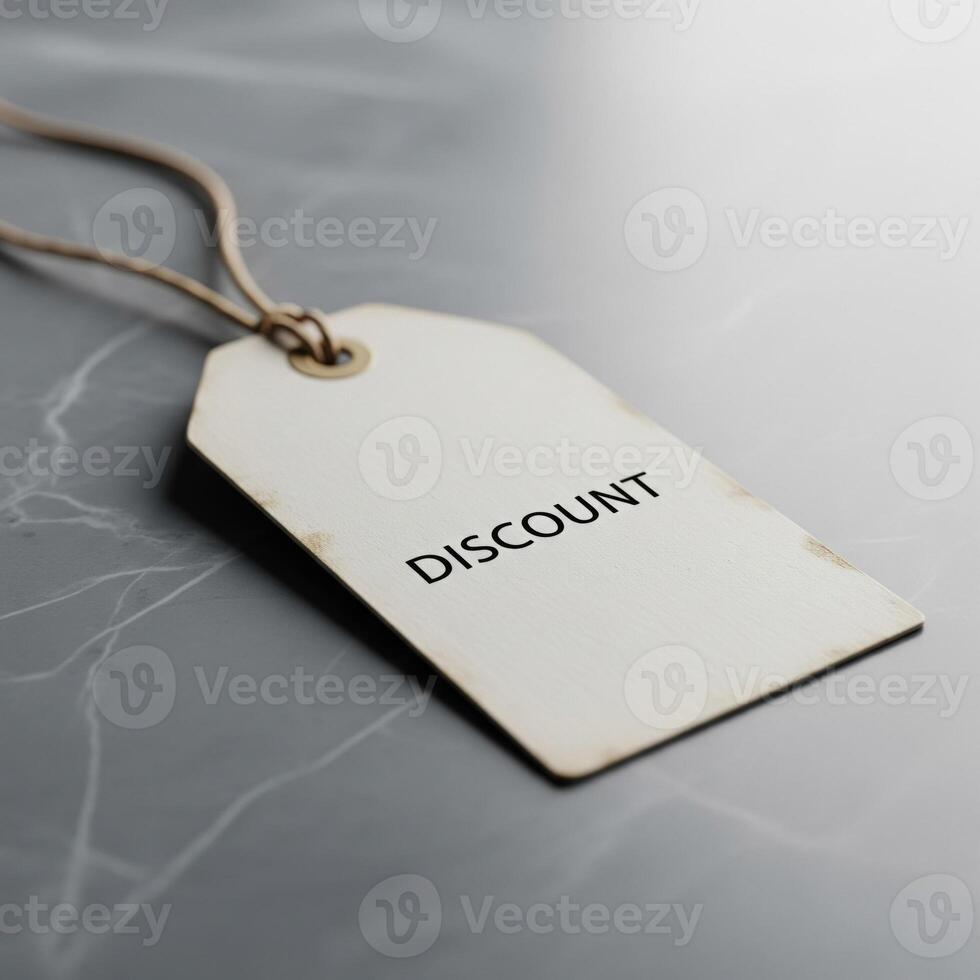 Discount Tag Mockup on Marble Surface with Simple String in Studio Lighting photo