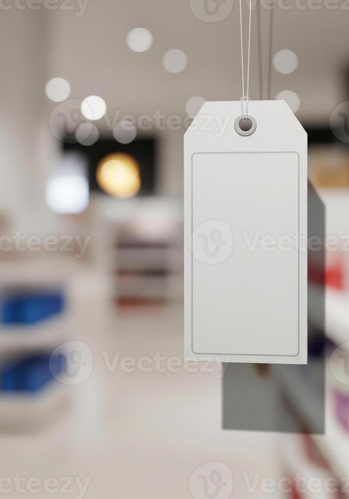 Blank White Tag Hanging with String in Retail Store Aisle with Bokeh photo