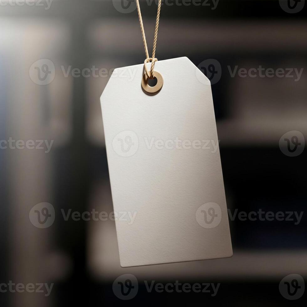 Gray Rectangular Tag Hanging from String in Soft Lighting with Dark Background photo