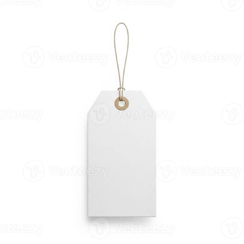 Blank White Rectangular Price Tag with String on Clean Background photo