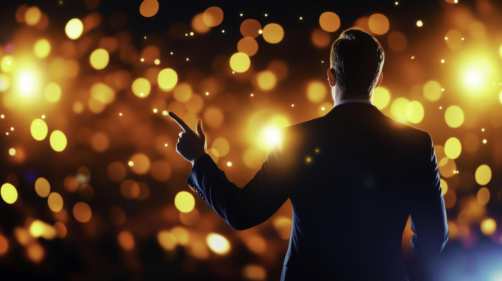 Professional Speaker Presenting on Stage Against Bright Bokeh Background with Dynamic Lights photo