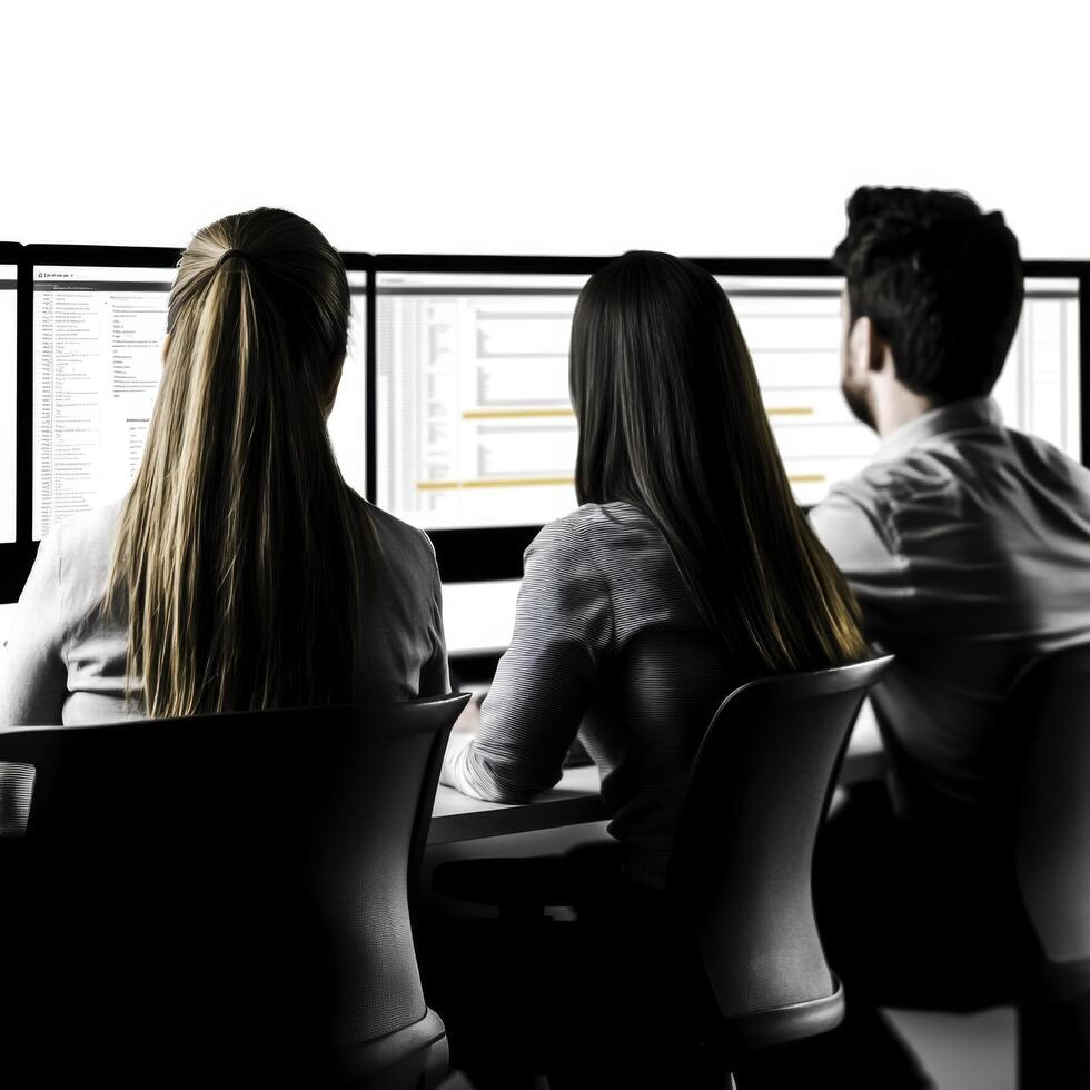 Team of Programmers Working Together at Computer Station with Multiple Screens photo