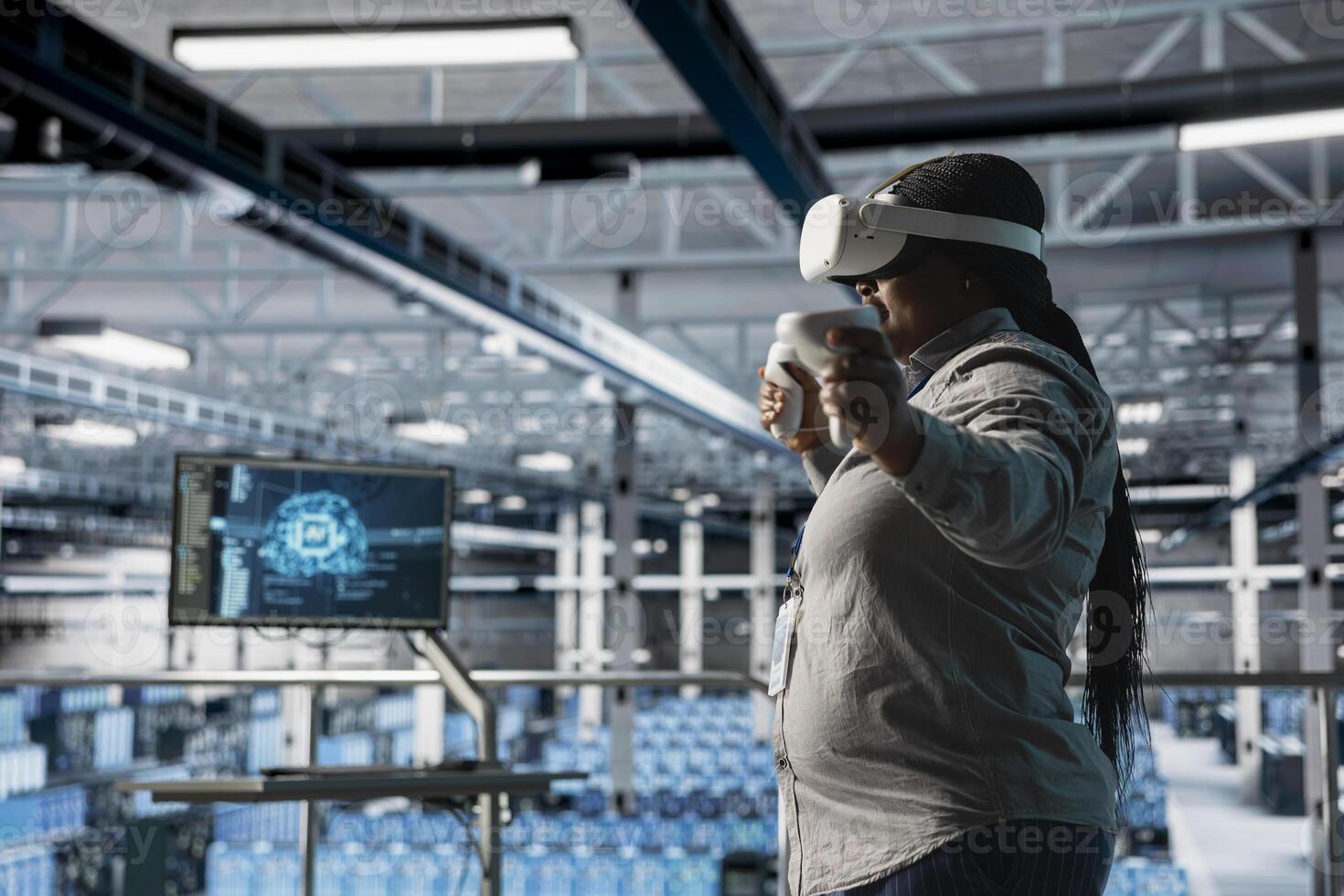 Server room engineer using VR gear, programming algorithms for AI data analysis. Data center worker using virtual reality technology, updating artificial intelligence driven automation scripts photo