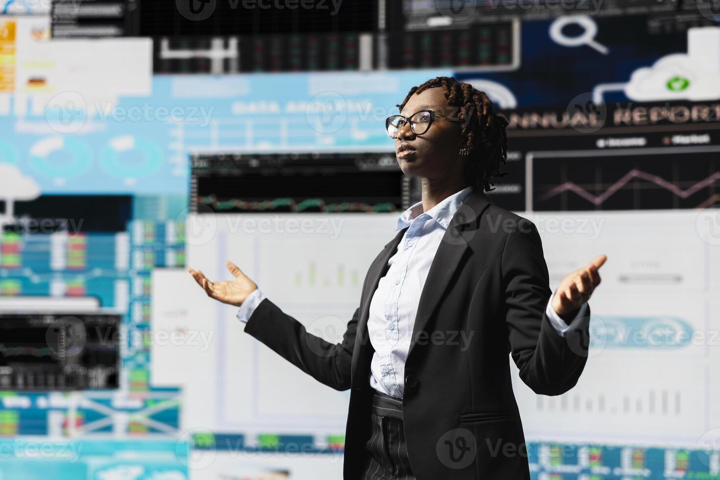 Business manager analyzing annual financial reports, reviewing company productivity graphs on digital display. Investor comparing data metrics infographic dashboard before committing to investment photo