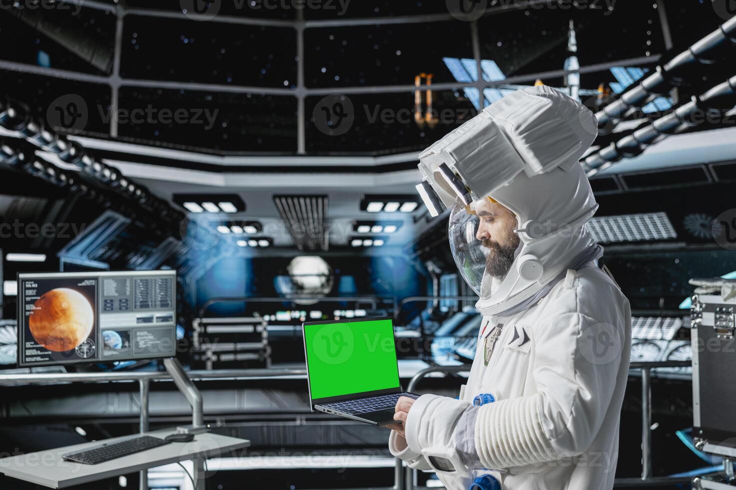 Astronaut checks isolated screen laptop interface before landing spaceship on Mars. Crew member looking at mockup notebook during mission to red planet surface, testing human survival in deep space photo