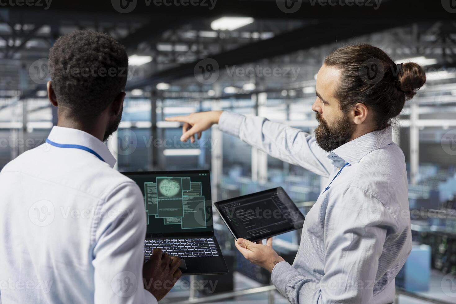 Data center diverse admins monitoring artificial intelligence LLM visualization. Teamworking server room employees cooperating on machine learning processes, overseeing AI infrastructure. photo