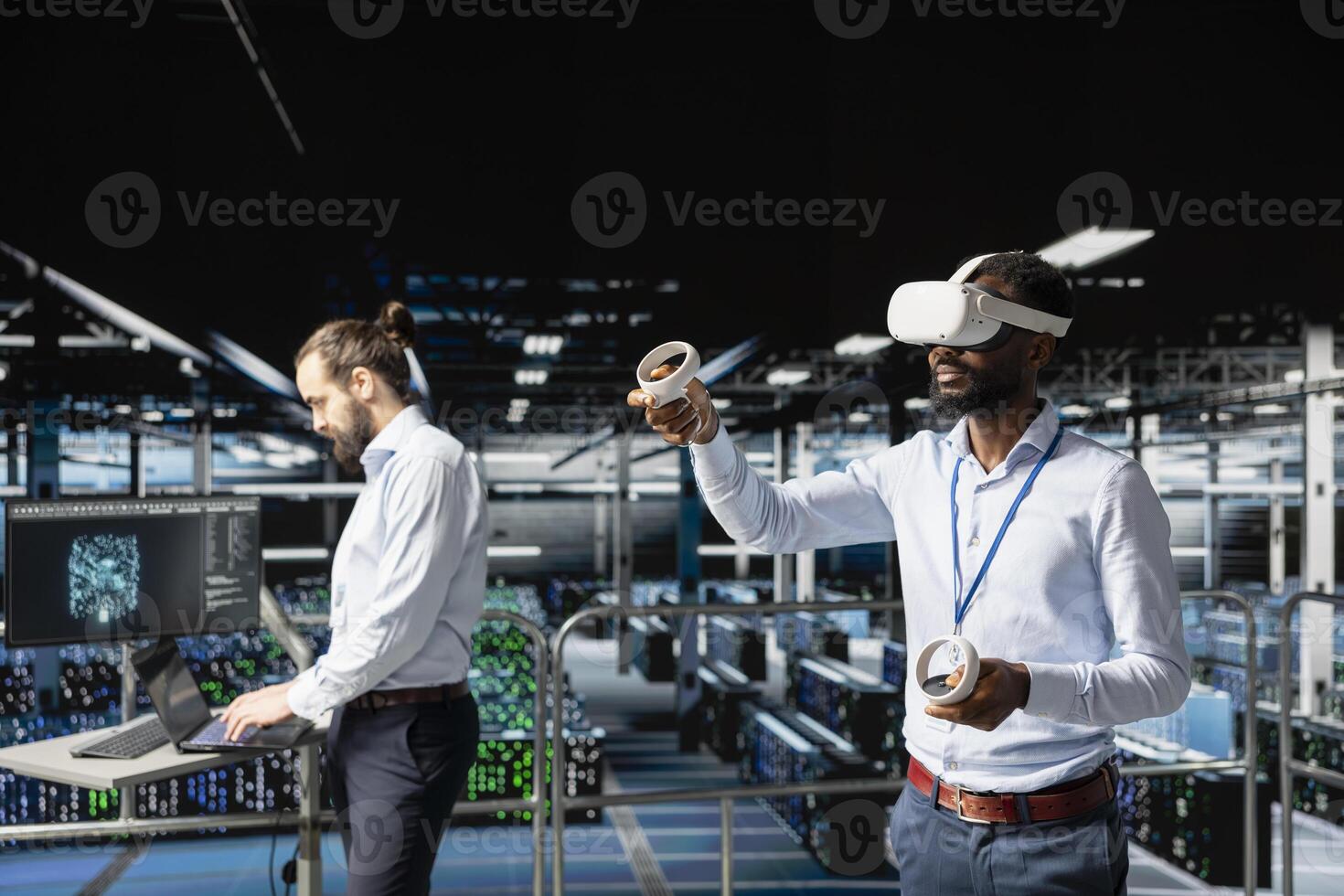 Black engineer analyzing performance checkup using virtual reality tech on industrial platform in server hub, monitoring server rig configuration using VR headset. Supercomputers. photo