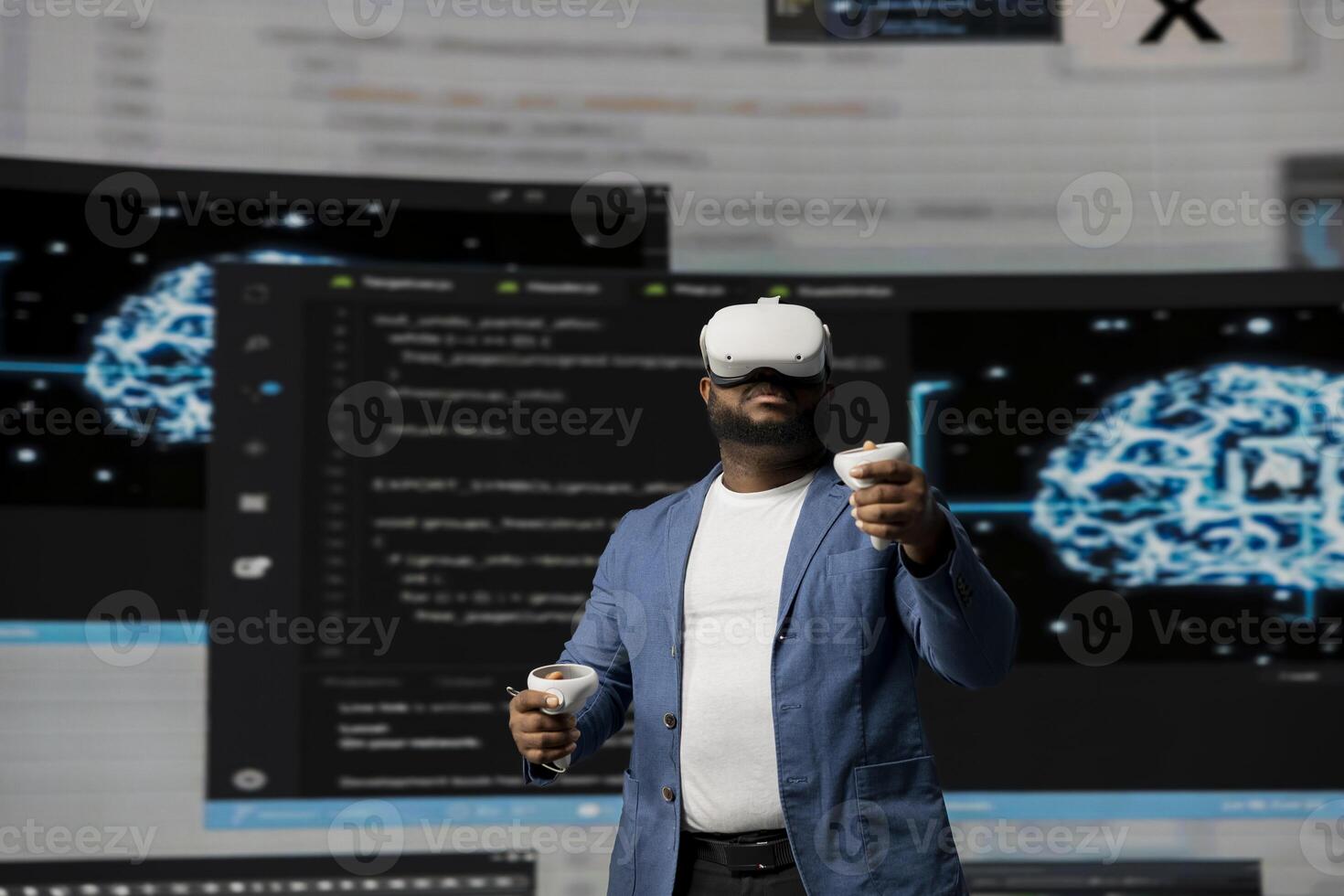 African American programmer engaging in virtual reality with a headset, focusing on system development. Utilizing code on terminal window to debug and design new software. IT career. photo