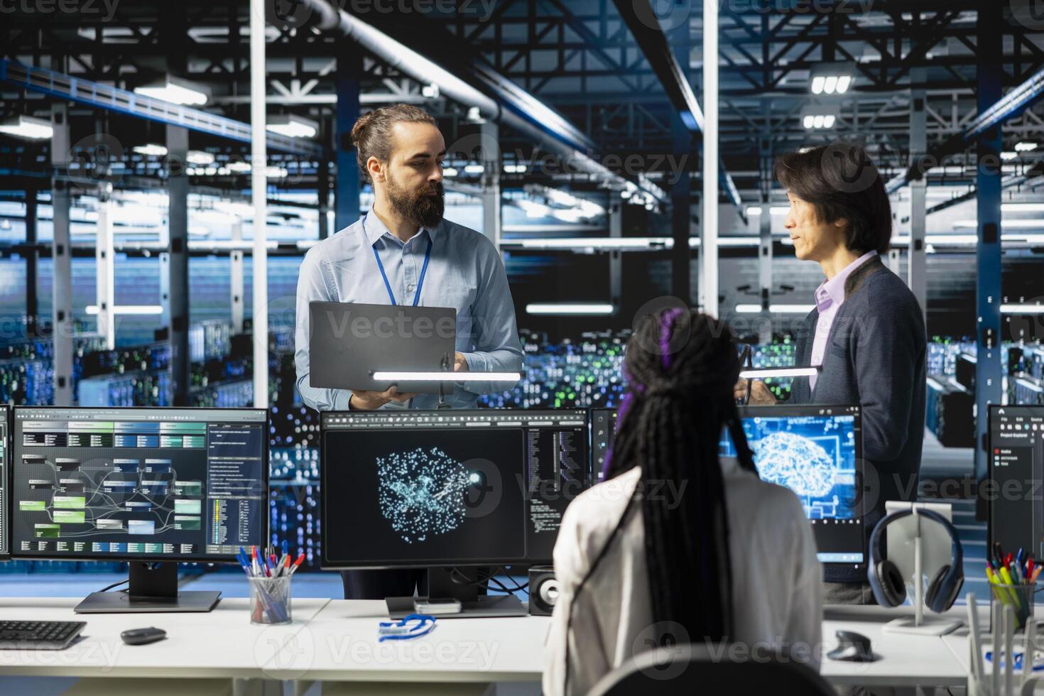 Engineers doing brainstorming in high tech data center, adjusting AI model parameters to upgrade systems. Server room coworkers scheduling deep learning checkup for equipment supercomputers rigs photo