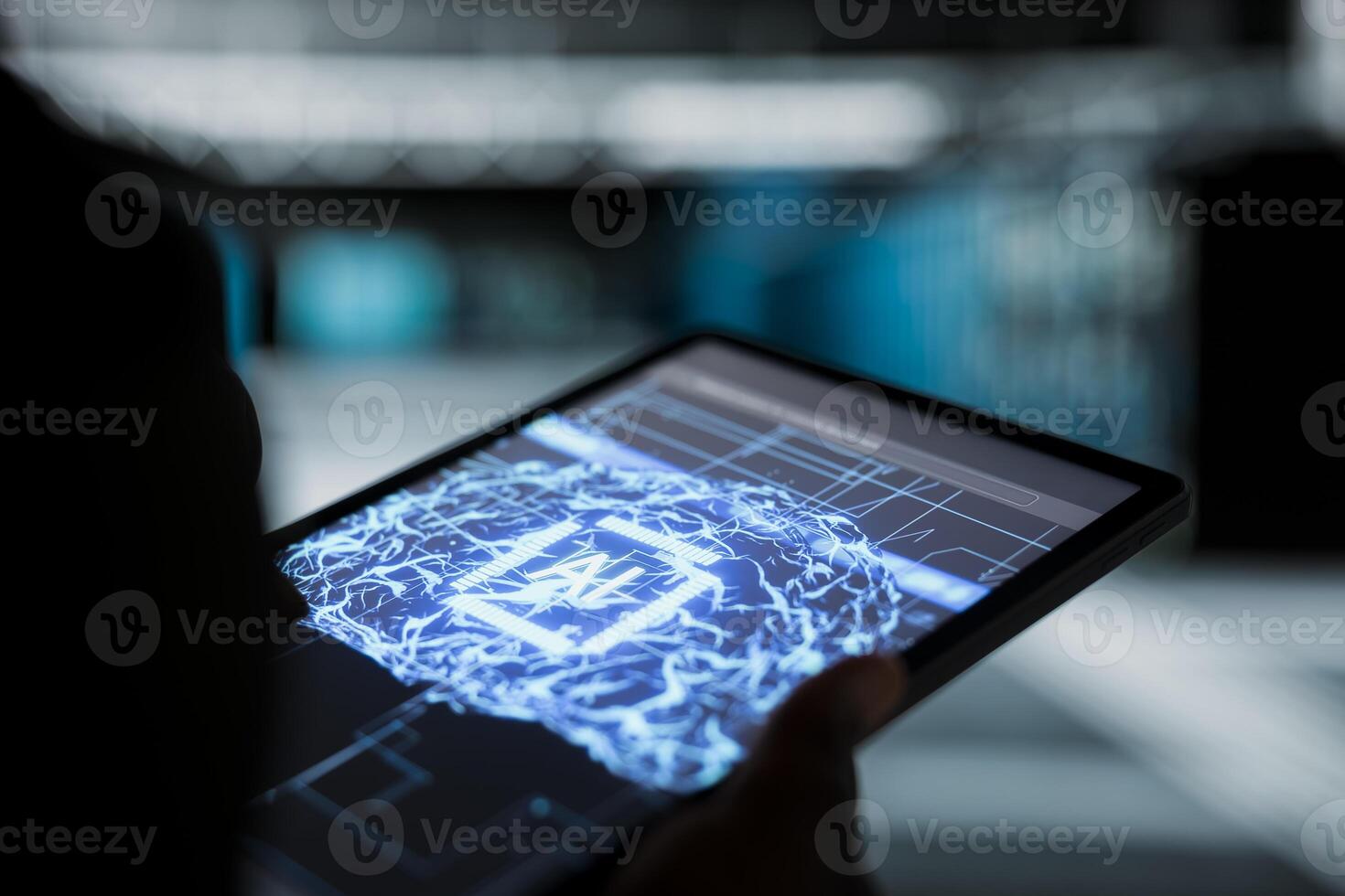 cerca arriba de datos centrar programador utilizando ai neural redes en tableta a solucionar problemas backend operaciones. servidor cubo trabajador carreras máquina aprendizaje software desarrollo herramientas, resolviendo sistema choques foto