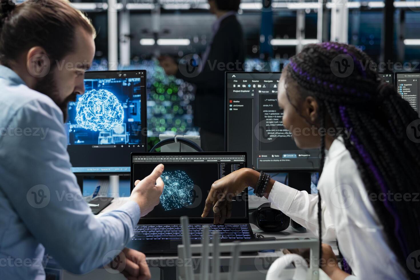 Computer scientists in data center installing upgraded server racks systems helped by AI technology. Server room IT experts upgrading enterprise networks hardware using artificial intelligence photo