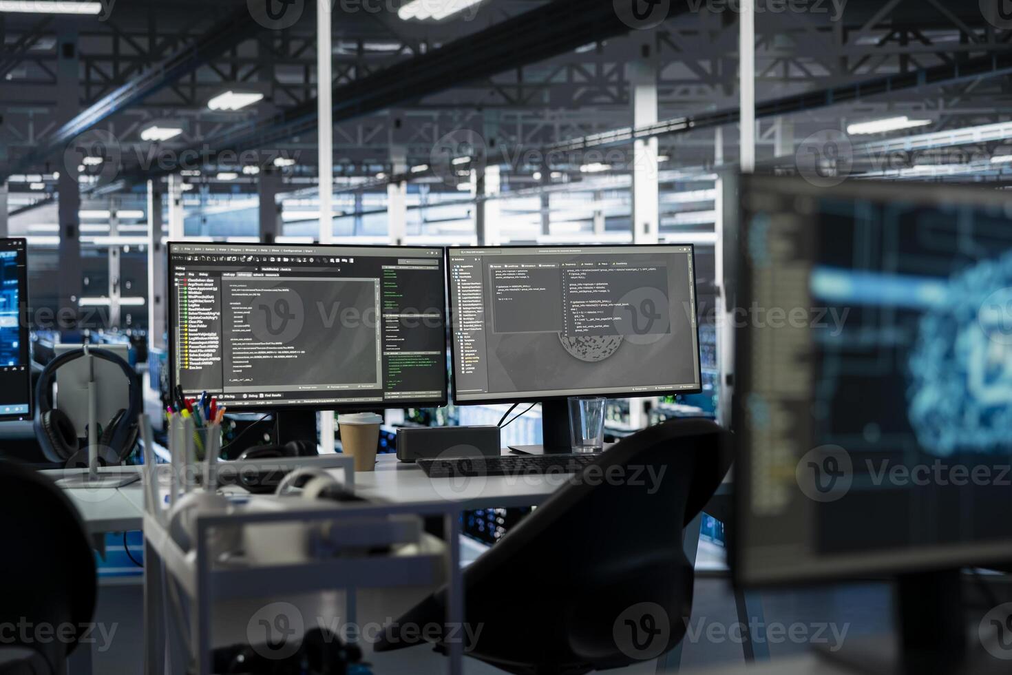 Artificial intelligence app interface on PC monitors in data center with rigs hosting cloud services. Computers used for deploying machine learning algorithms in server hub used for AI automation photo
