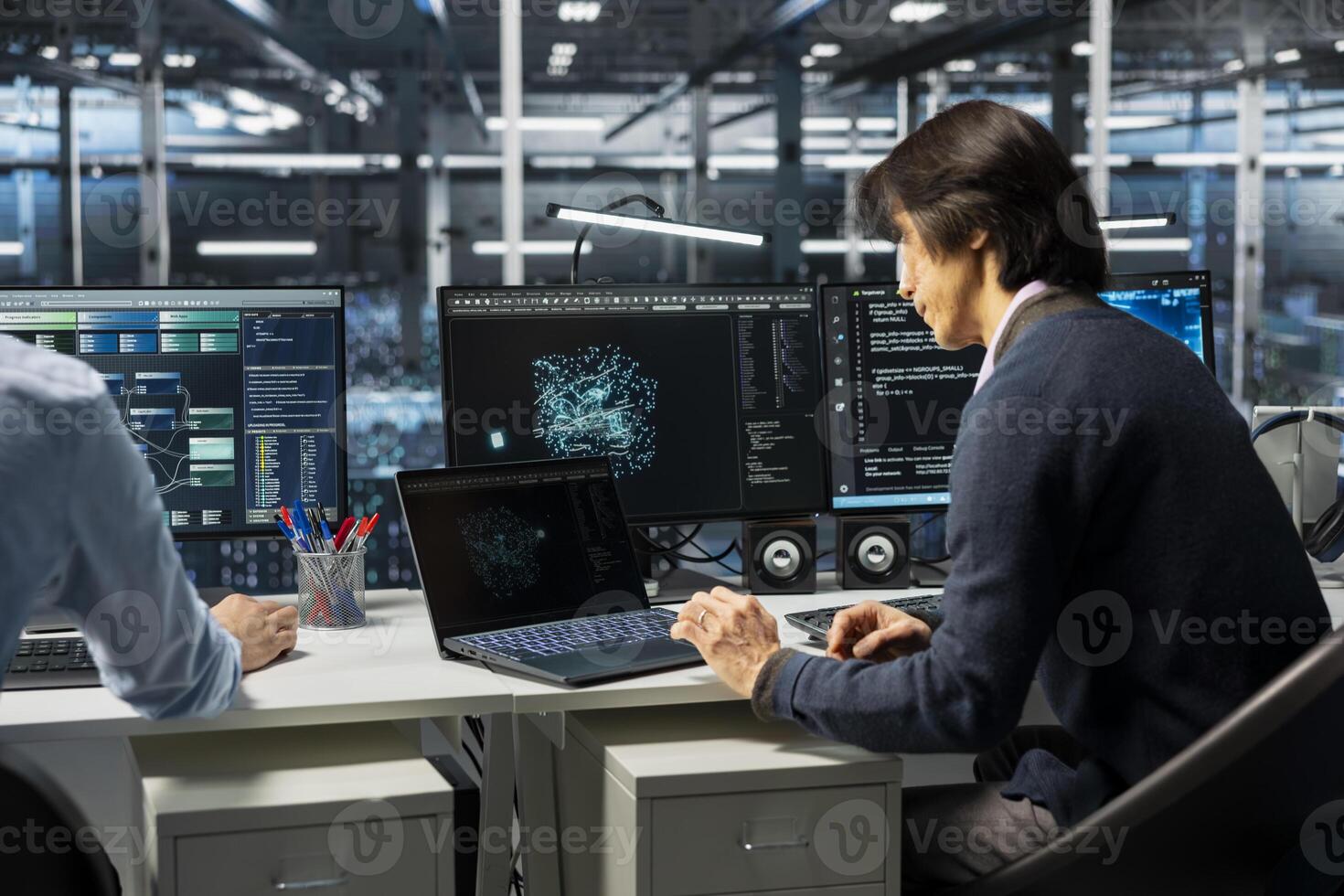 Data center software developer adjusting AI model parameters to enhance accuracy. Server room IT specialist scheduling artificial intelligence ran maintenance for hardware components photo