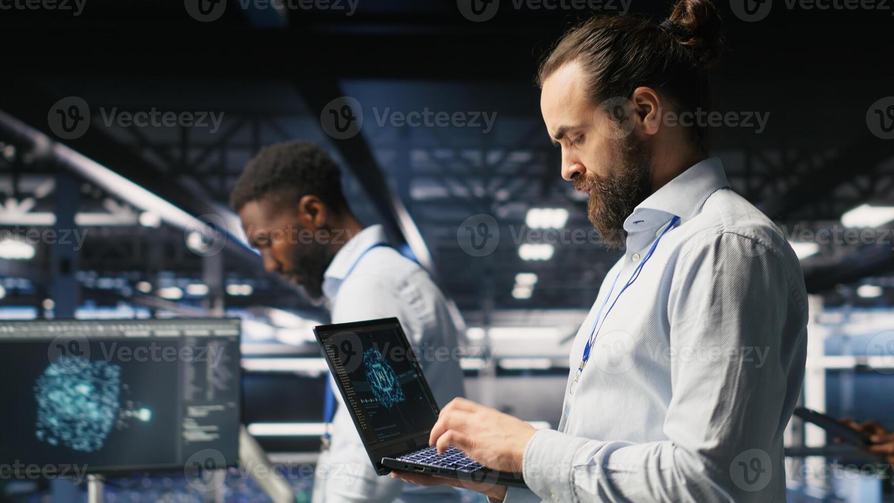 Server farm IT expert managing storage arrays supporting machine learning training workflows. Technician on industrial platform doing maintenance on rigs handling AI processing tasks photo