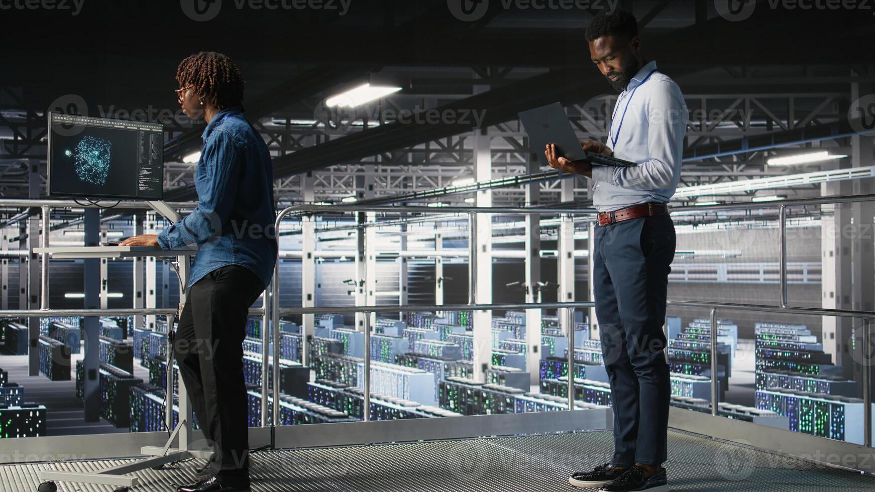 System administrators in data center using laptop to monitor neural network LLM visualization. Server hub teamworking colleagues overseeing rigs powering machine learning processes, photo