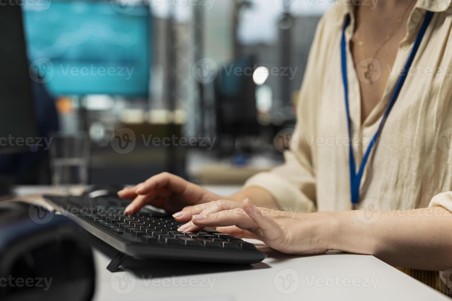 Close up of business expert analyzing KPI numbers through charts and graphs to prepare reports, utilizing strategic insights to improve general management practices in a modern space. photo