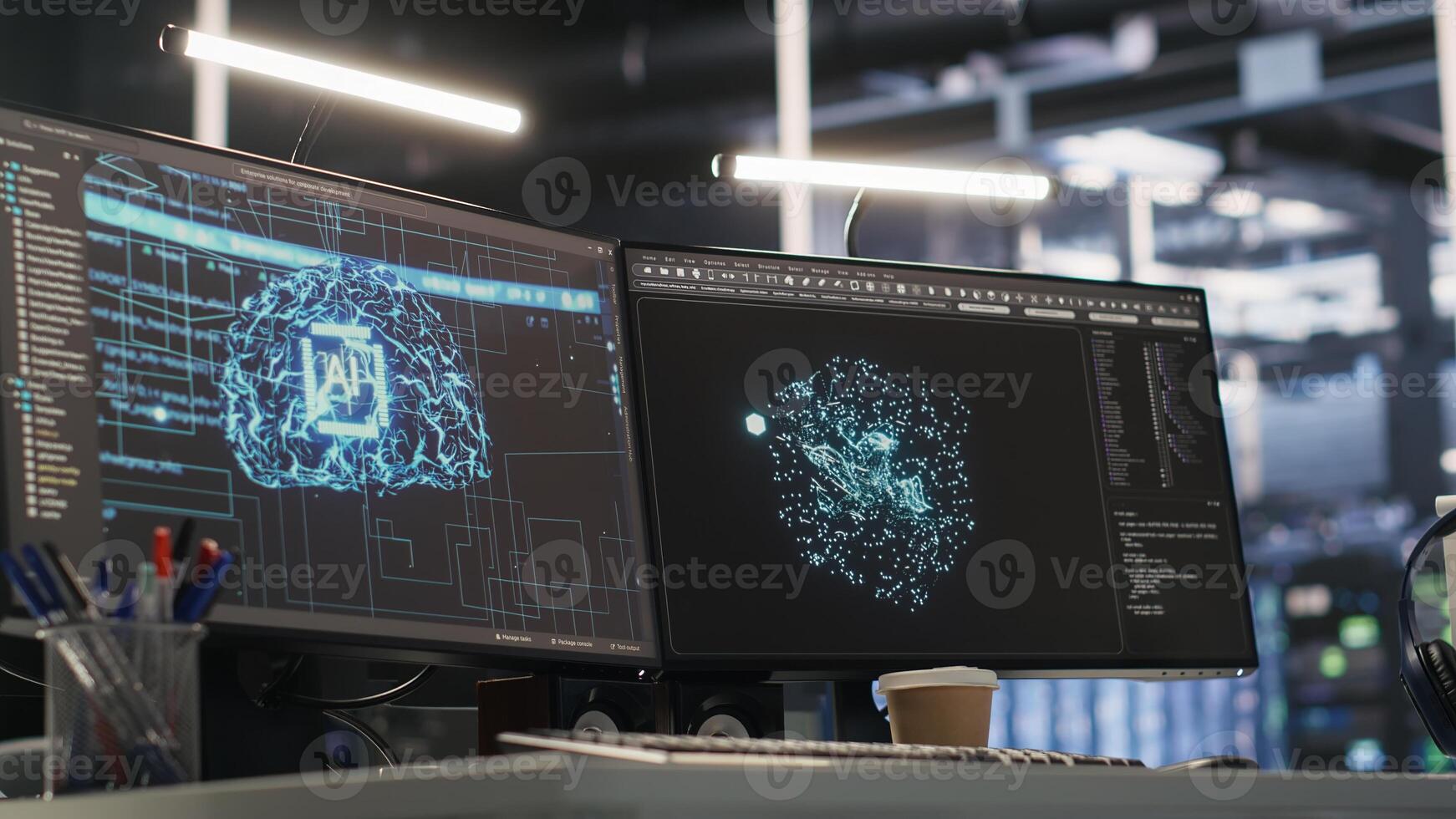 Close up of server farm PC screens tracking rackmounts processing deep learning datasets. Computer displays monitoring gear used in artificial intelligence model development, handheld camera shot photo