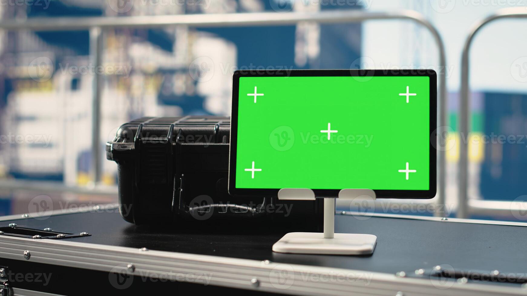 Chroma key laptop and mockup laptop on offshore platform used to configure boat management systems for more efficient oil extraction. Isolated screen devices on drilling rig used for seabed analysis photo