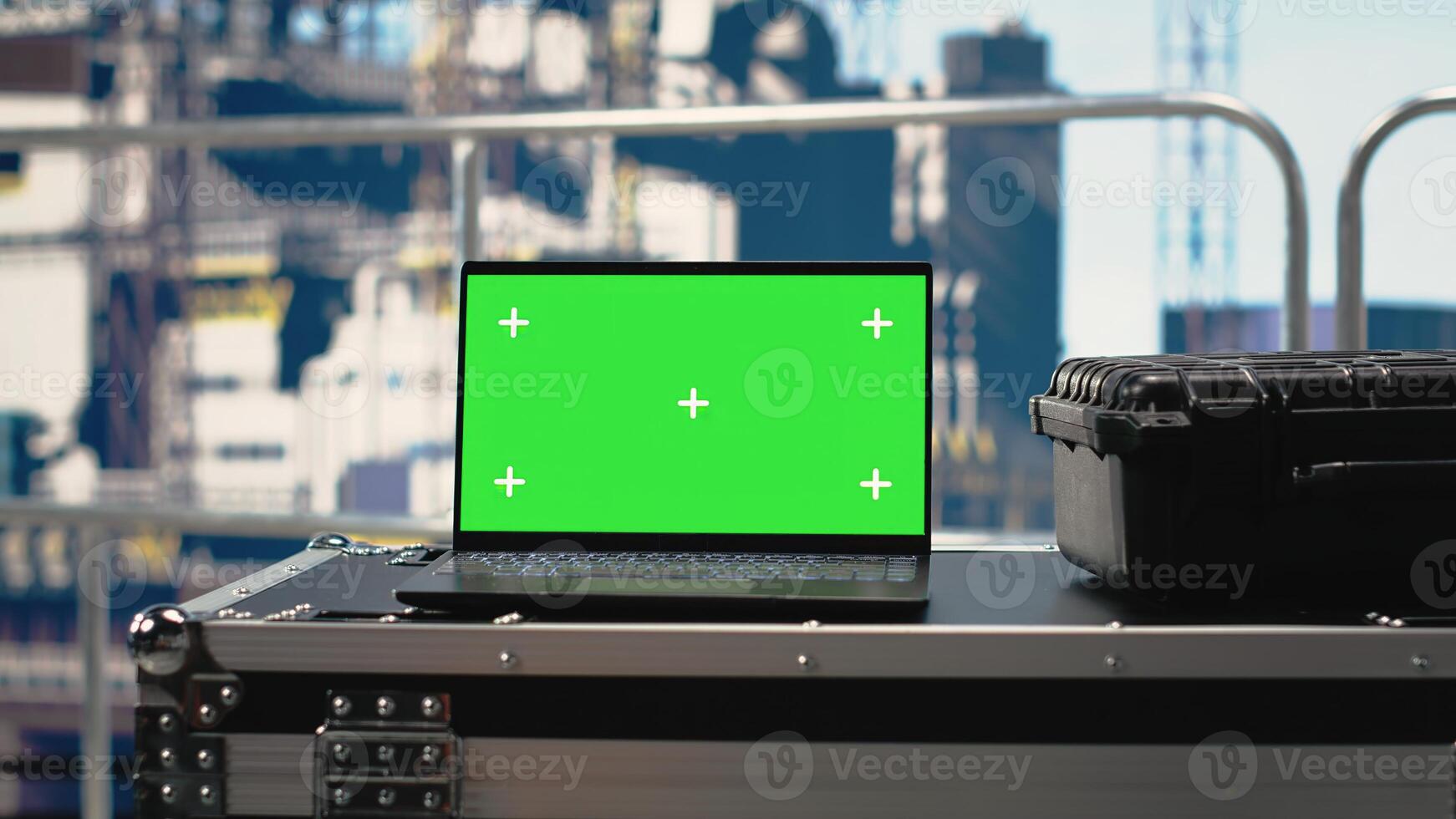 Chroma key tablet on offshore platform with predictive software analyzing rig operations. Green screen mockup device on drilling barge deck managing rig equipment, tracking production efficiency photo
