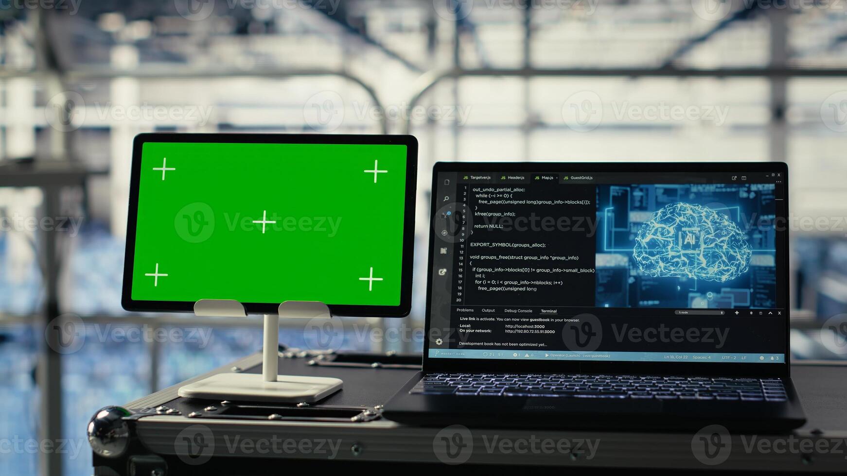 Green screen tablet in server room with equipment rigs supporting AI technology. Chroma key device in data center storing and processing vast datasets for artificial intelligence operations photo