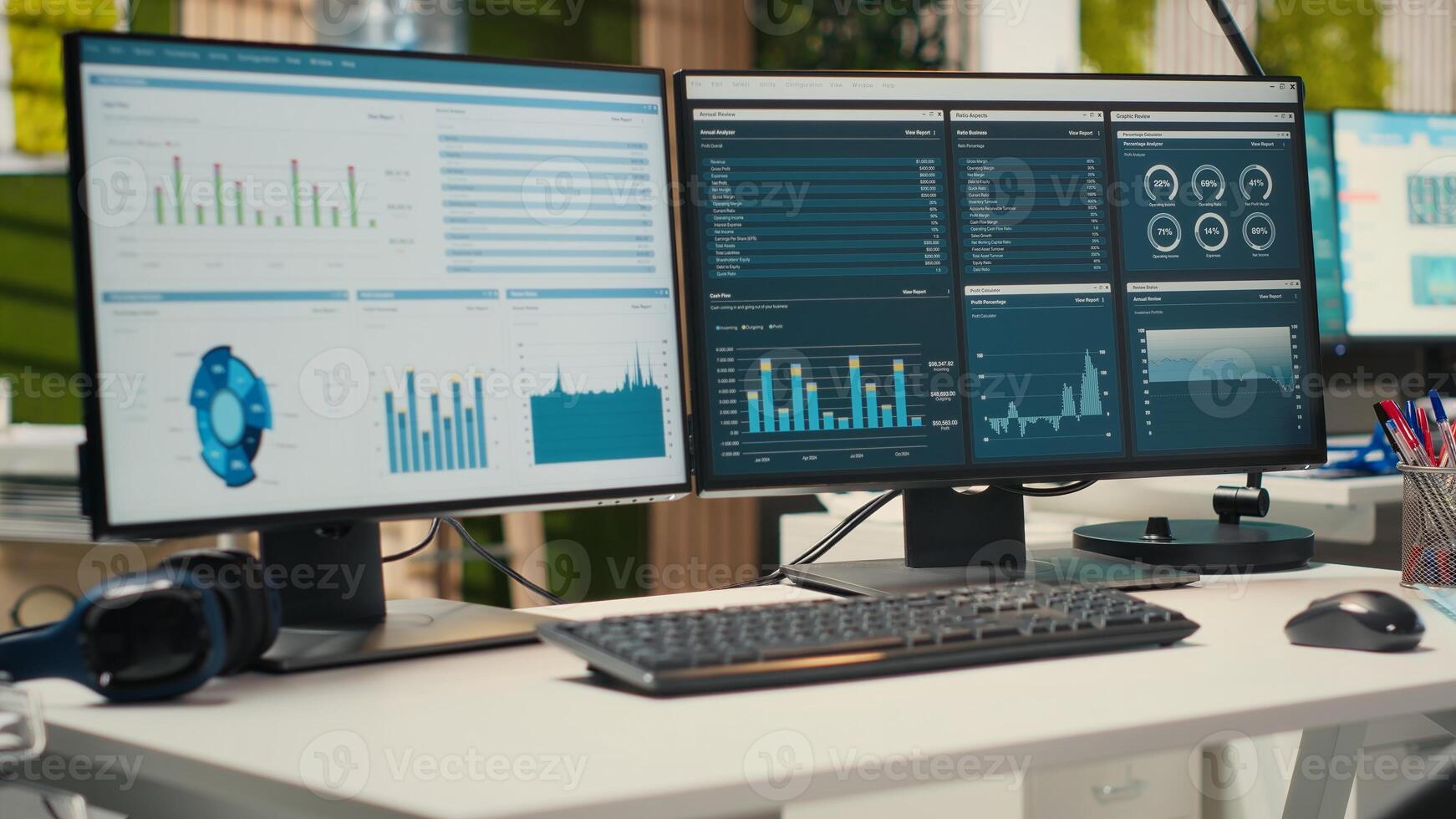 Empty professional office with high tech technology and dual monitors used in developing business strategy with analytics tools ready for growth and organizational success. Networking. photo