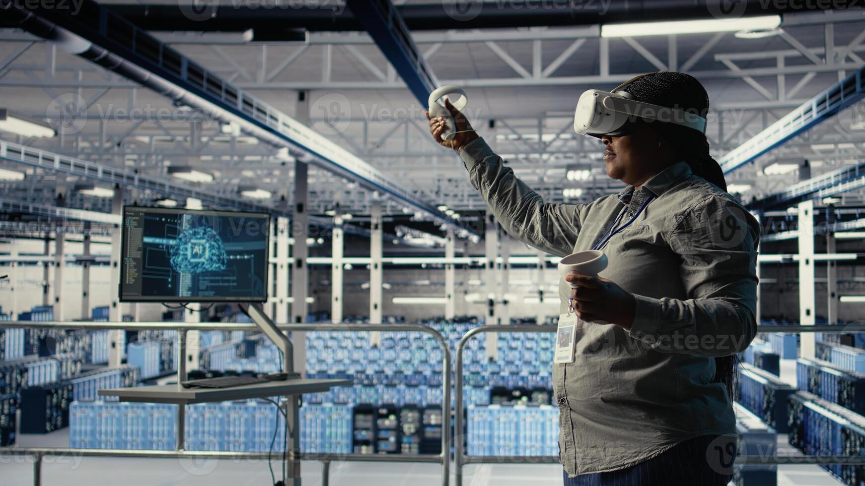 Data center technician using virtual reality, improving AI rigs processing speed. Server hub IT expert using VR headset to manage gear providing support for artificial intelligence workloads, camera A photo