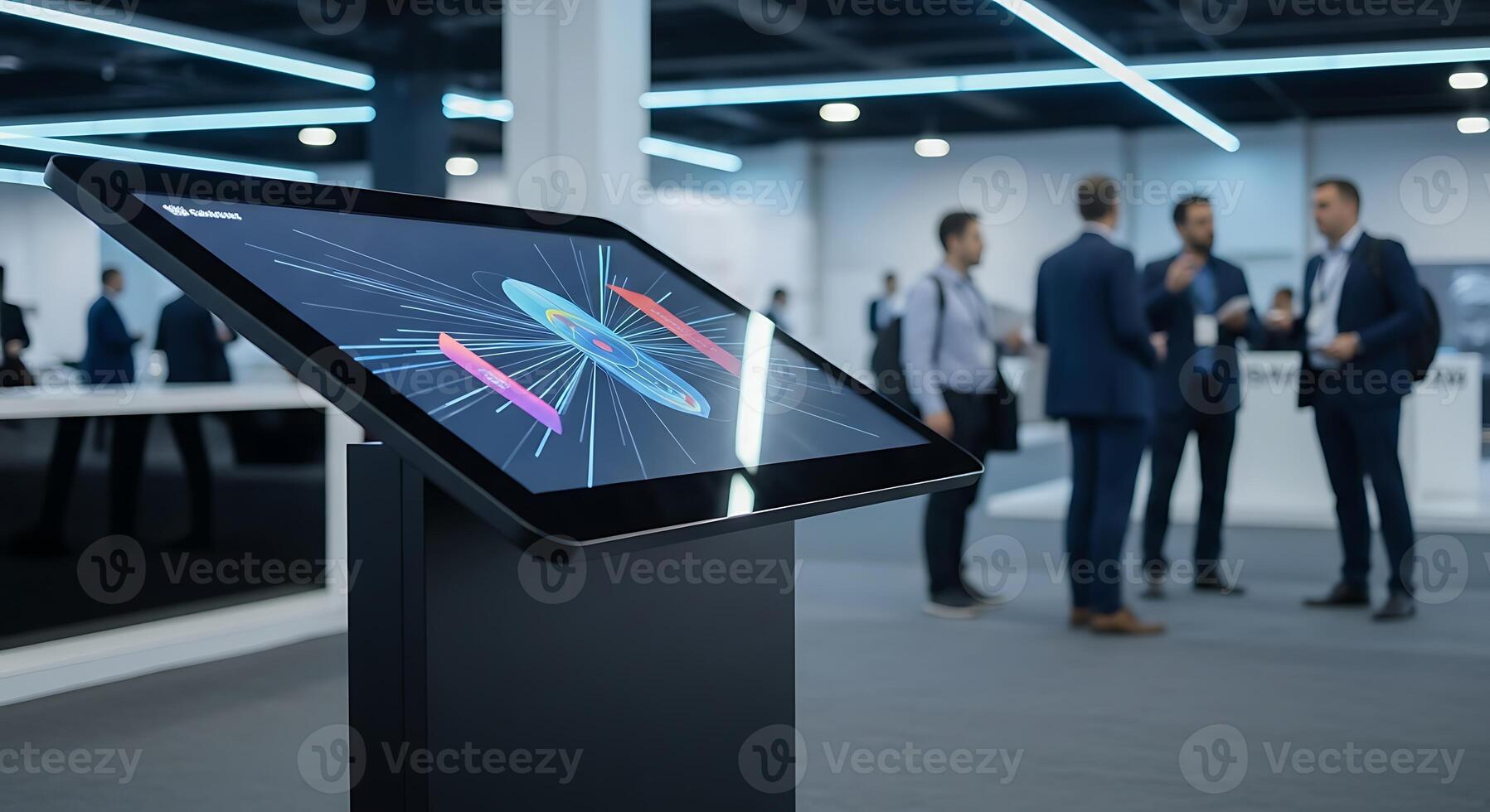 Modern interactive display showcasing vibrant data visualizations in a dynamic business conference setting with networking professionals nearby photo