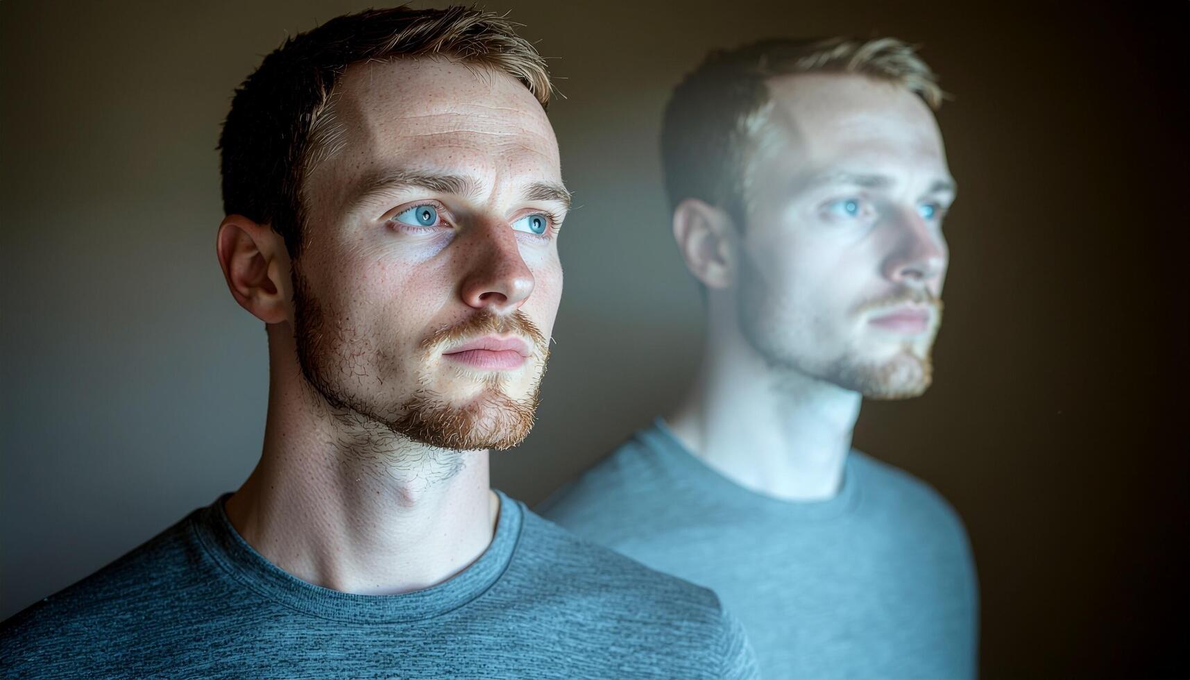 Portrait of a man looking forward with reflection beside him, symbolizing introspection, dual identity, and emotional depth. Minimalist composition with soft lighting and artistic tone. photo