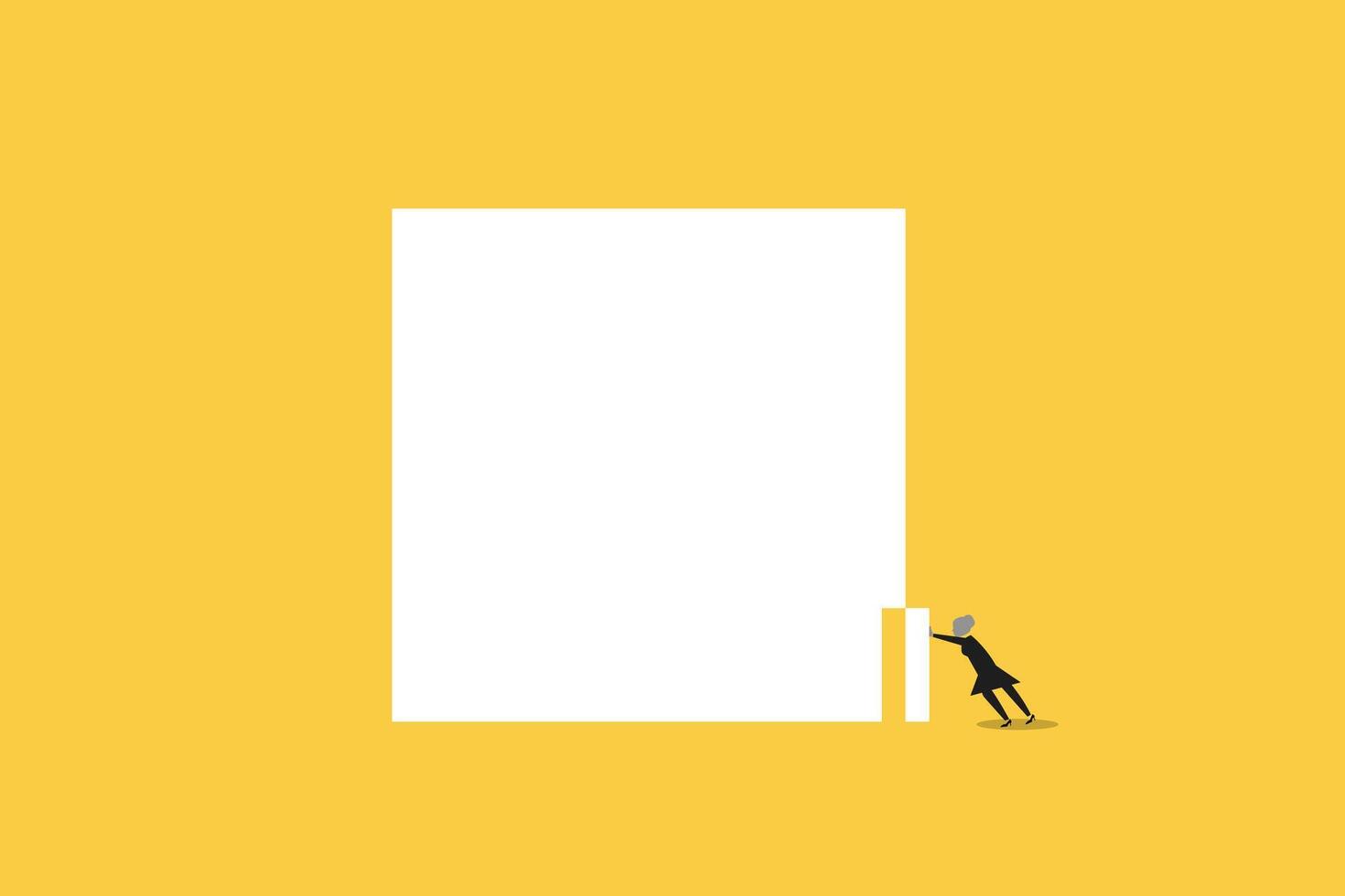 Business challenge with business woman as pushing part of block. concept of difficulty, ambition, motivation, struggle vector