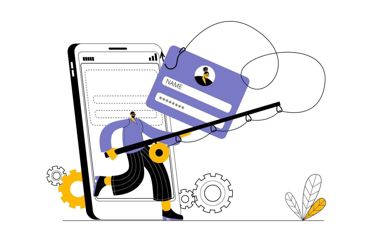 A hacker in a dark hood with a fishing rod catches user passwords on a hook from a mobile phone. vector