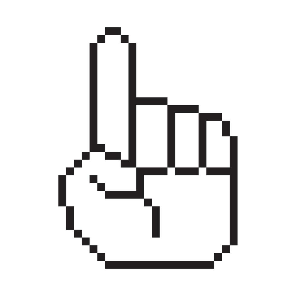 Pixelated hand cursor pointing upwards, isolated on white background, indicating number one or attention vector